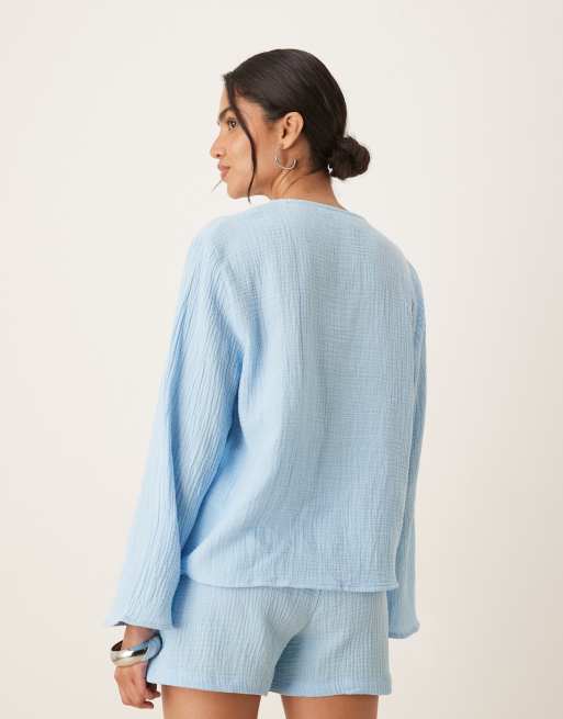JDY tie front cheesecloth shirt co-ord in powder blue , 4 of 4