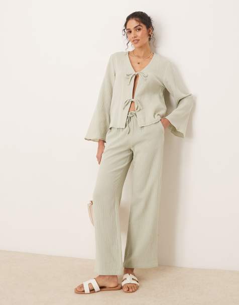JDY tie front cheesecloth shirt co-ord in sage - view 1