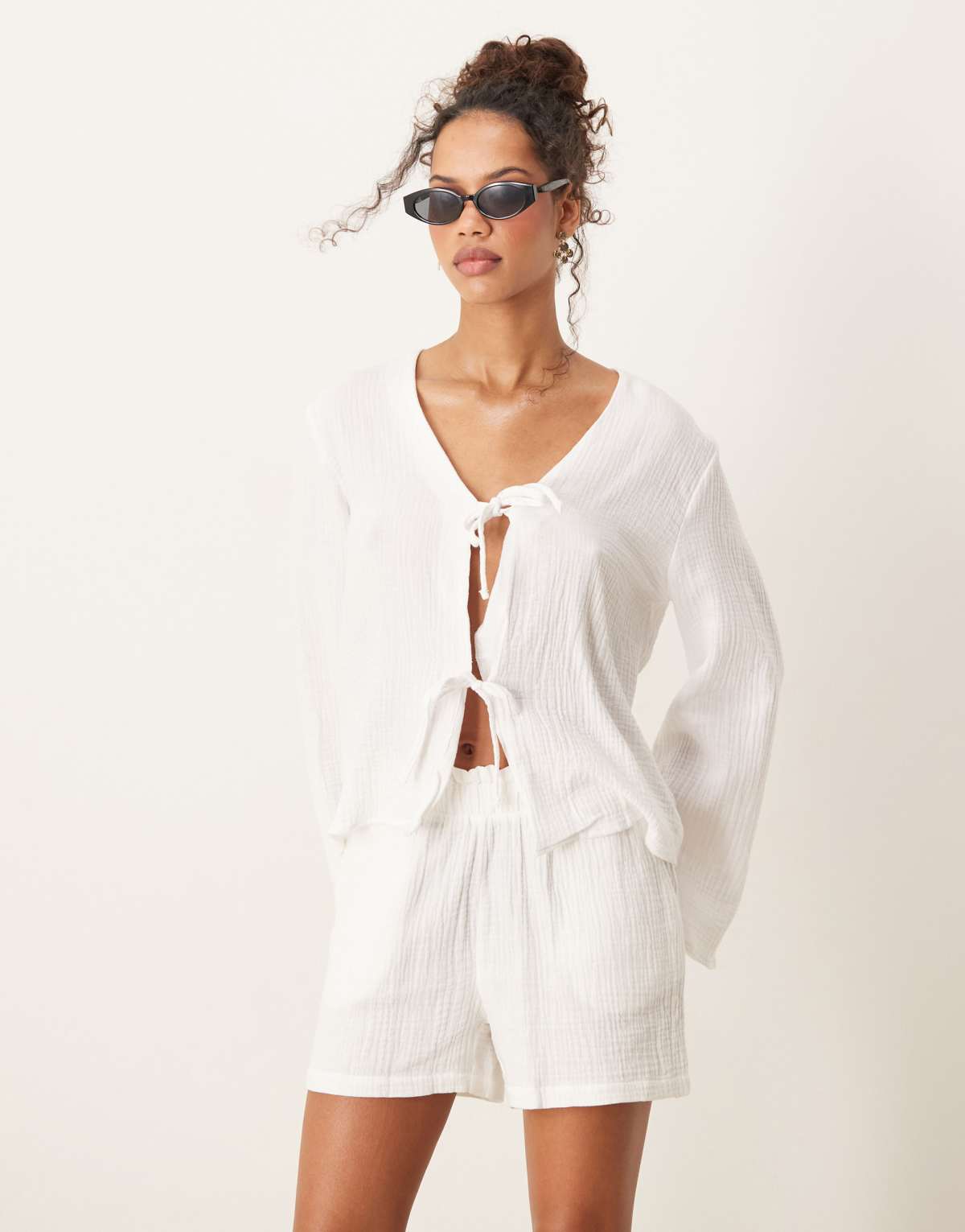JDY tie front cheesecloth shirt co-ord in white