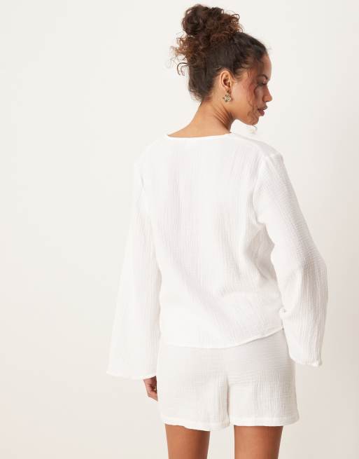 JDY tie front cheesecloth shirt co-ord in white, 4 of 4