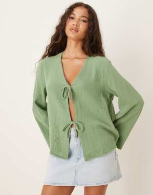 JDY tie front cheesecloth shirt in dark green - view 1