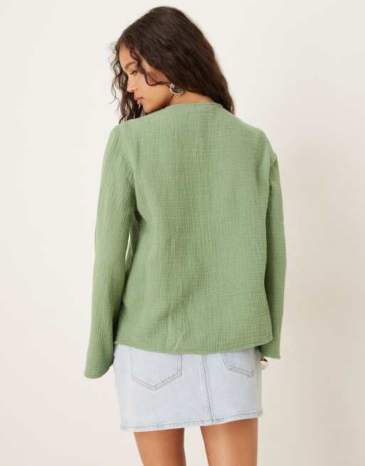 JDY tie front cheesecloth shirt in dark green, 3 of 4
