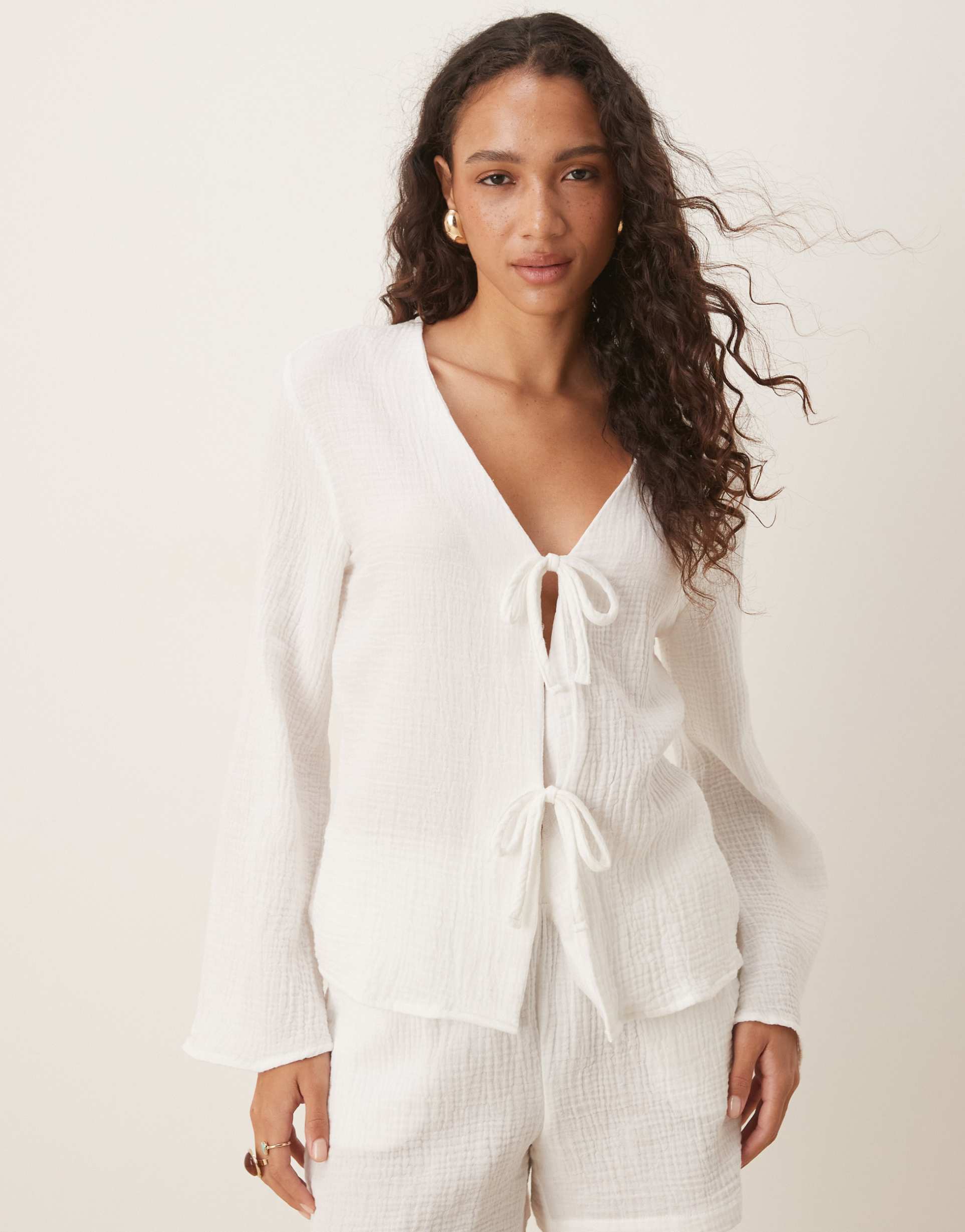 jdy tie front cheesecloth shirt in off-white - part of a set