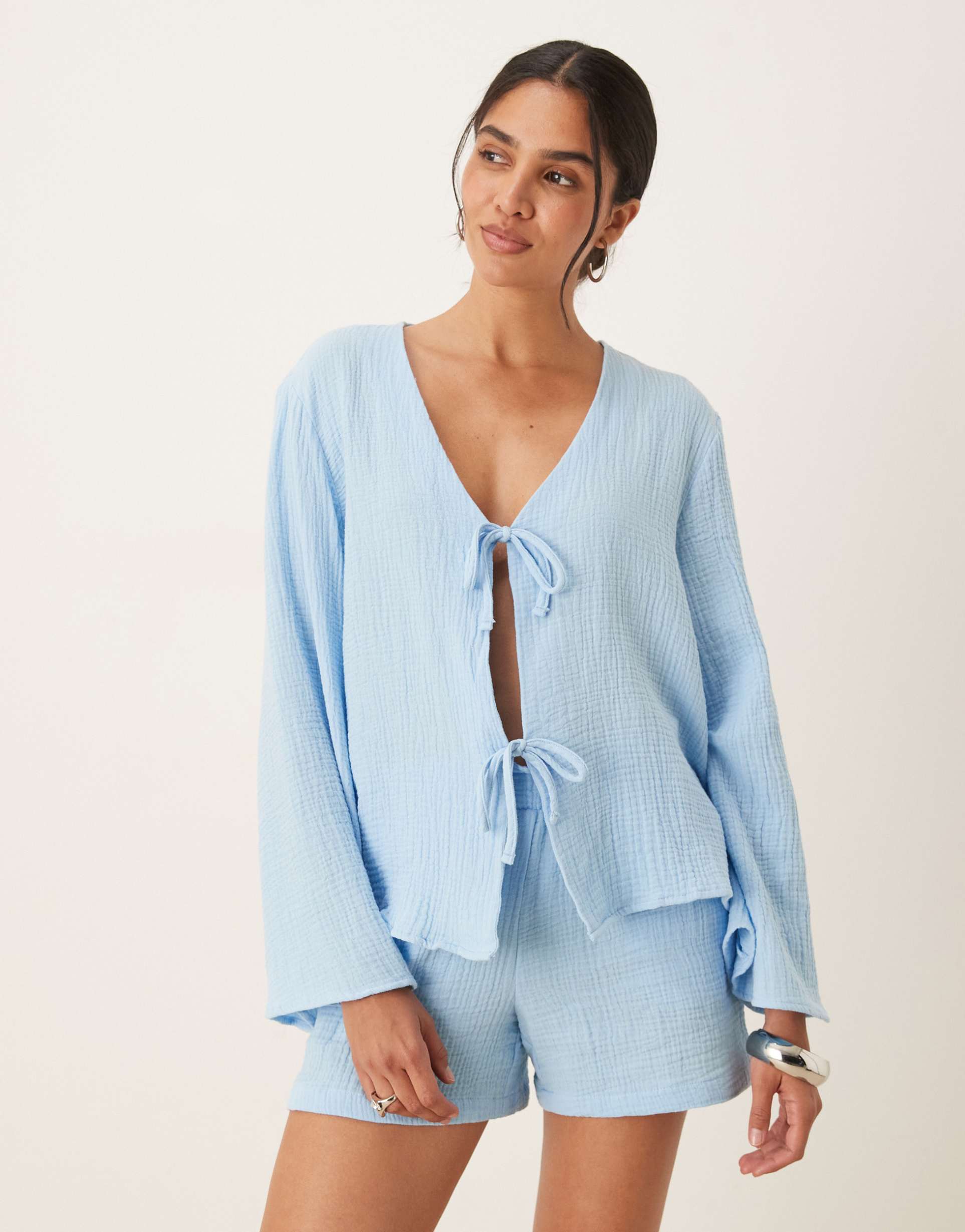 jdy tie front cheesecloth shirt in powder blue - part of a set
