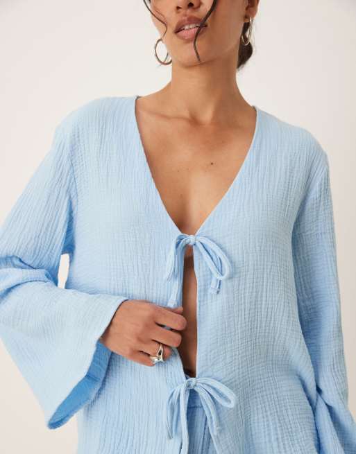 JDY tie front cheesecloth shirt in powder blue (part of a set) , 3 of 4