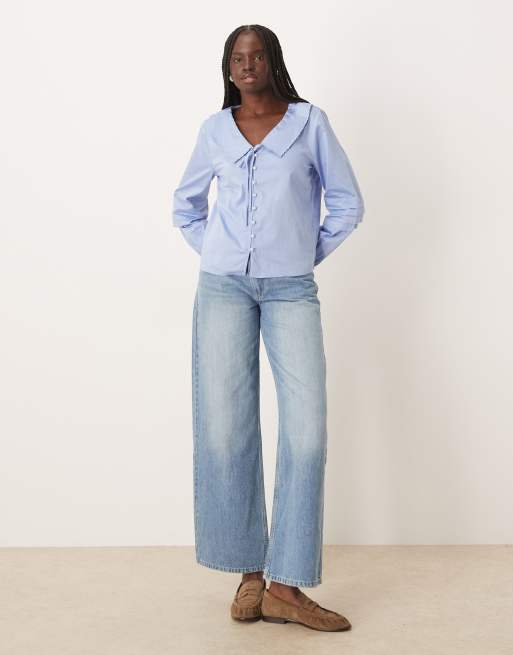 JDY tie front collar detail shirt with faux pearl buttons in light blue, 2 of 4
