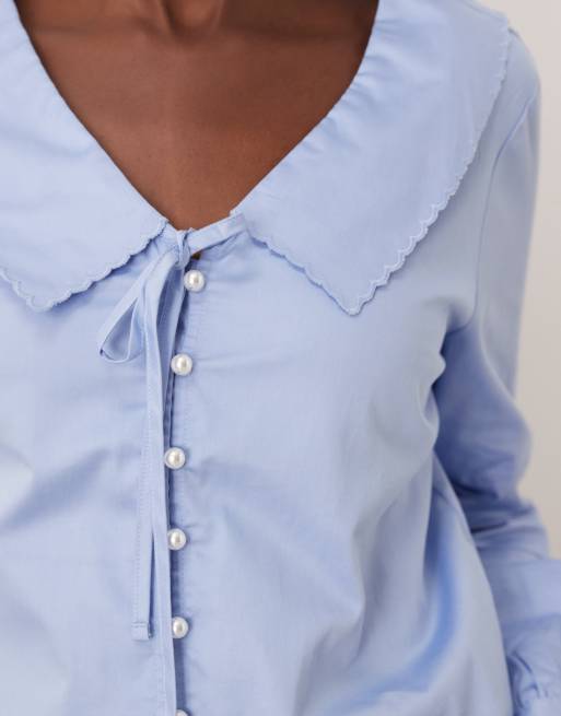 JDY tie front collar detail shirt with faux pearl buttons in light blue, 4 of 4