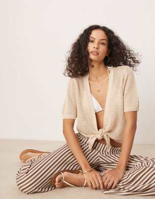 JDY tie front crochet cardigan in beige