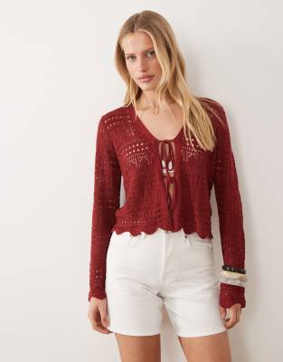 Jdy Tie Front Crochet Cardigan In Red
