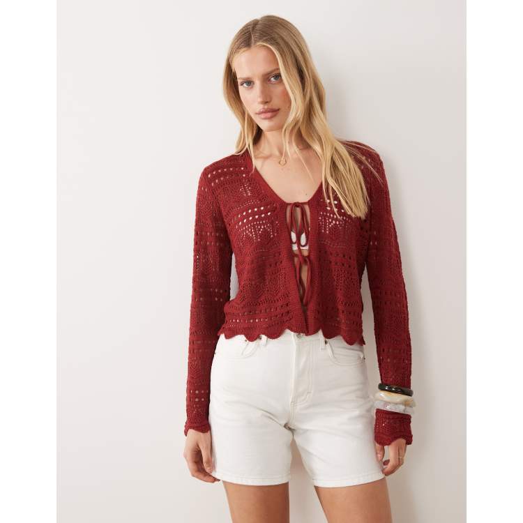 JDY tie front crochet cardigan in burgundy | ASOS