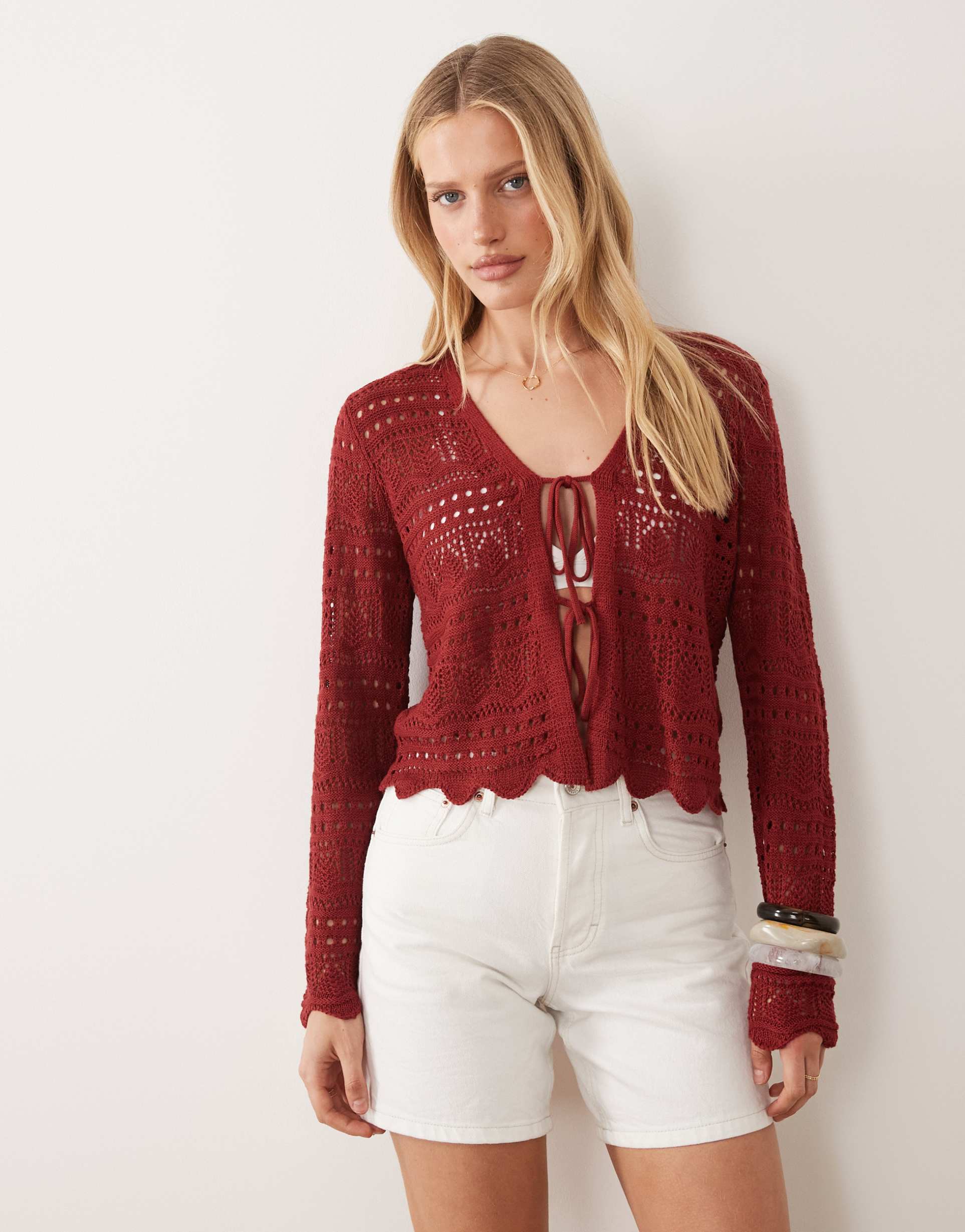 jdy tie front crochet cardigan in burgundy
