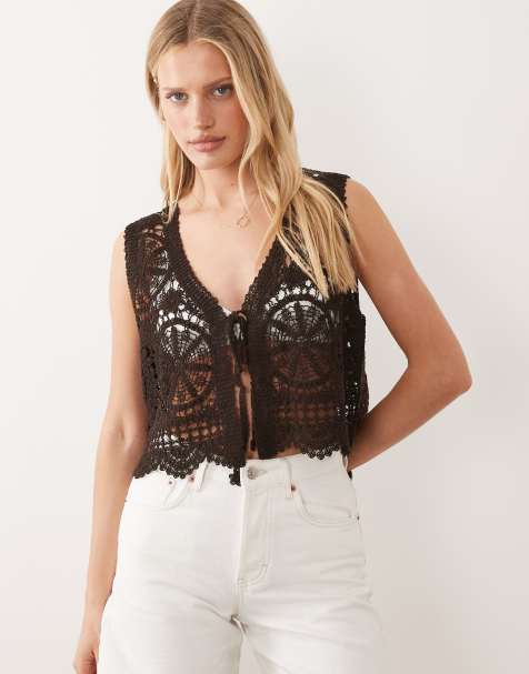 JDY tie front crochet vest in brown - view 1
