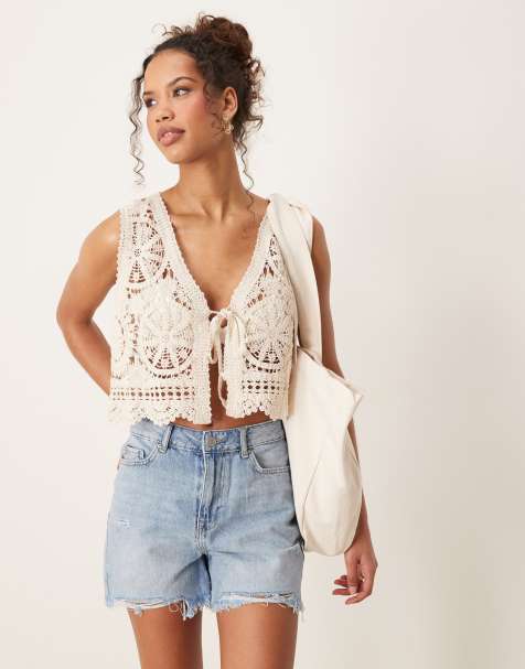 JDY tie front crochet vest in cream - view 1