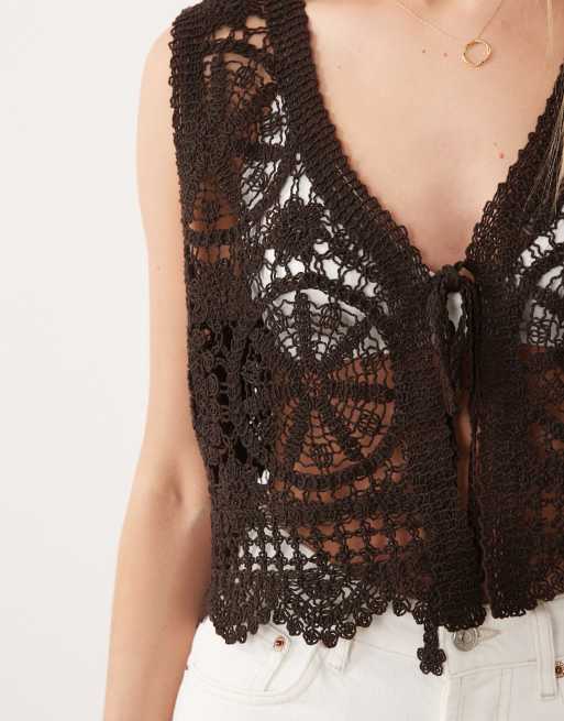 JDY tie front crochet vest top in brown, 3 of 4