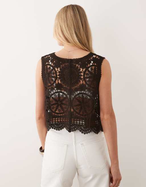 JDY tie front crochet vest top in brown, 4 of 4