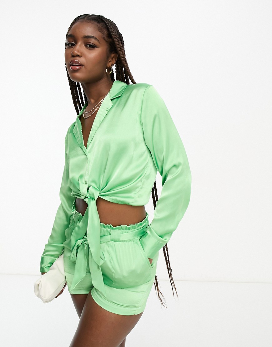 JDY tie front cropped satin shirt co-ord in green