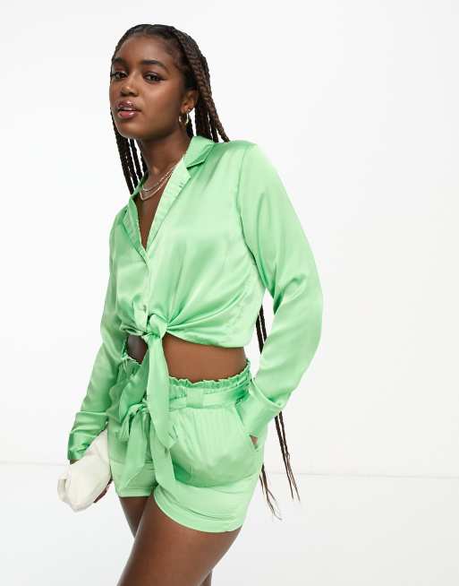 JDY tie front cropped satin shirt in green (part of a set) 