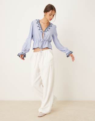 Jdy Tie Front Embroidery Detail Top In Blue