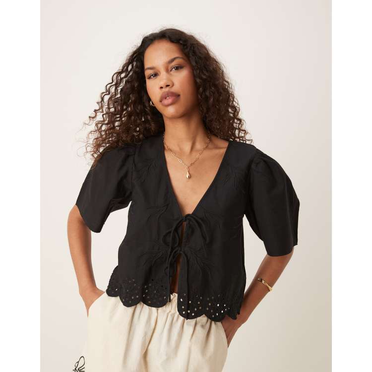 JDY tie front eyelet cropped blouse in black | ASOS