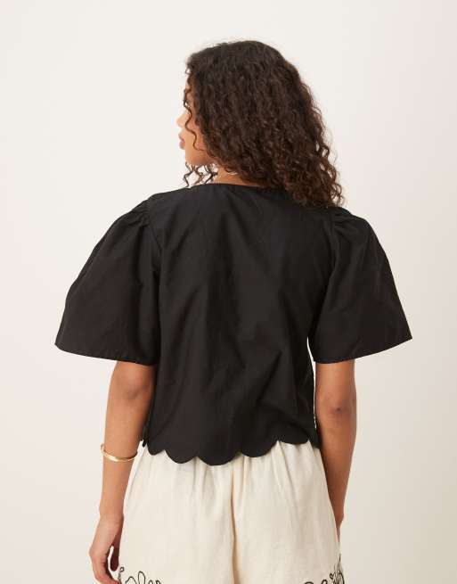 JDY tie front eyelet cropped blouse in black
