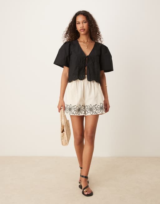JDY tie front eyelet cropped blouse in black