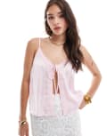 [JDY] JDY tie front lace trim cami top in pink-Yellow M Light pink