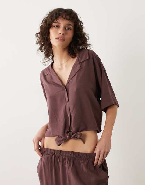 JDY tie front linen mix shirt in burgundy (part of a set) - view 1