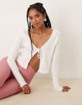 [JDY] JDY tie front pointelle cardigan in white S WHITE