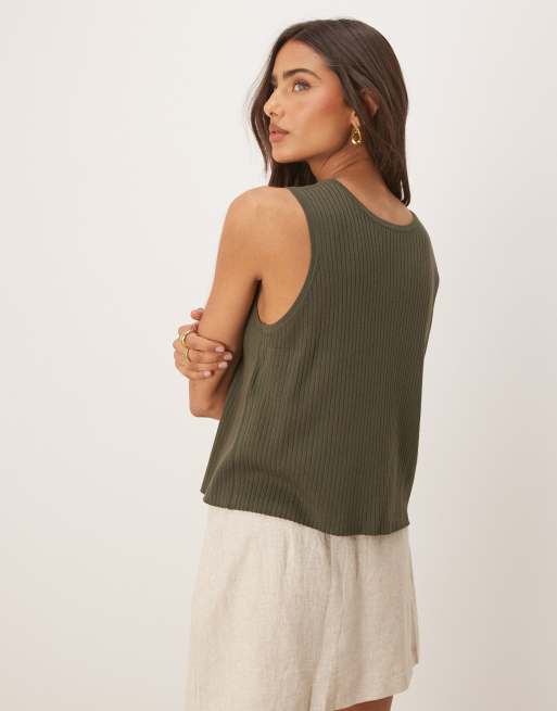 JDY tie front reversible knitted tank top in khaki, 3 of 4