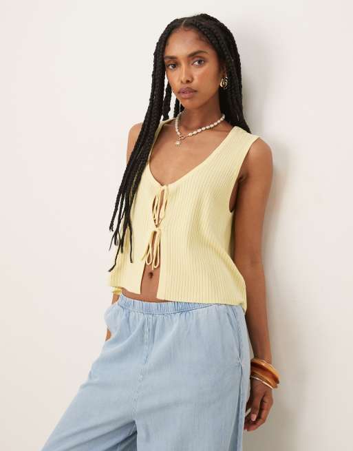 JDY tie front reversible knitted vest in pale yellow