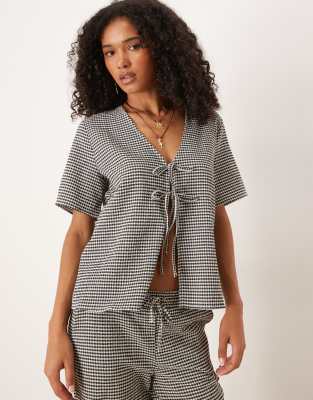 JDY tie front seersucker top in black gingham - part of a set
