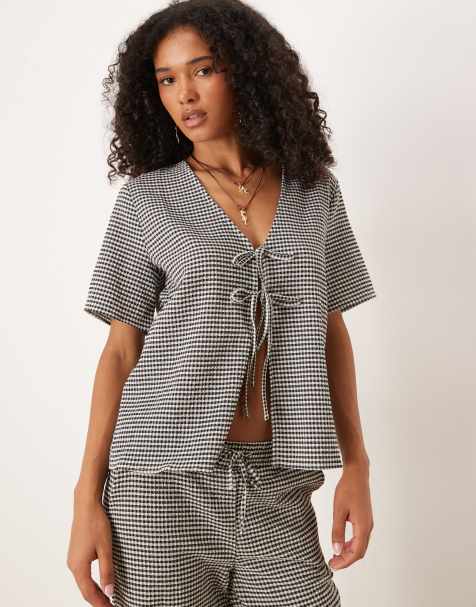 JDY tie front seersucker top in black gingham (part of a set) - view 1