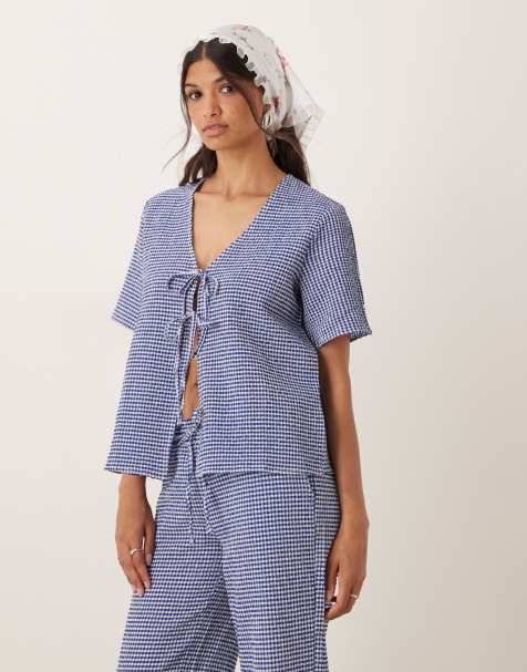 JDY tie front seersucker top in blue gingham (part of a set) - view 1