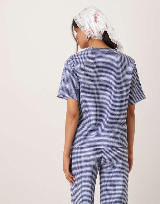 JDY tie front seersucker top in blue gingham - part of a set, 4 of 4