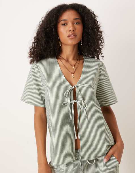 JDY tie front seersucker top in green stripe (part of a set) - view 1