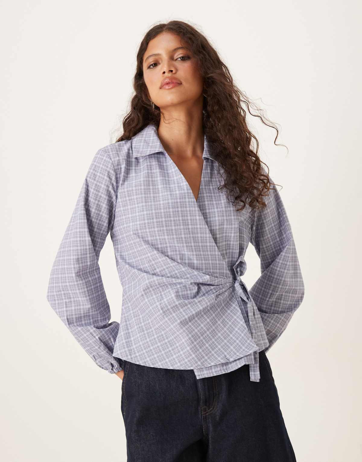 JDY tie knot shirt in light blue checks