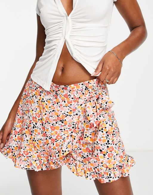 JDY tie side frill detail wrap skort in orange floral