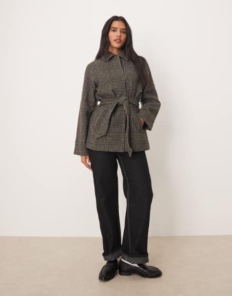 JDY tie waist coat in dark plaid - view 1