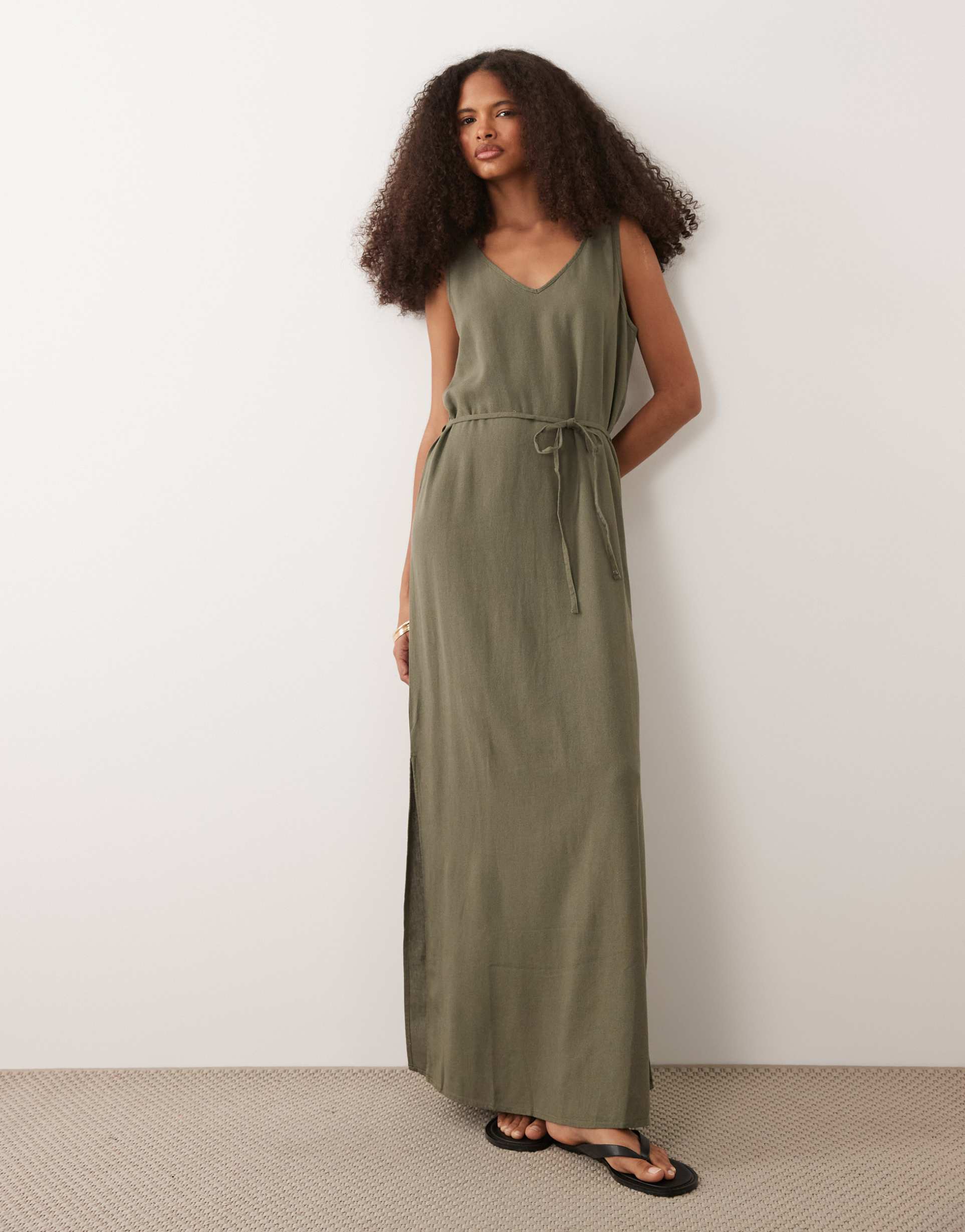 jdy tie waist linen blend maxi dress in khaki
