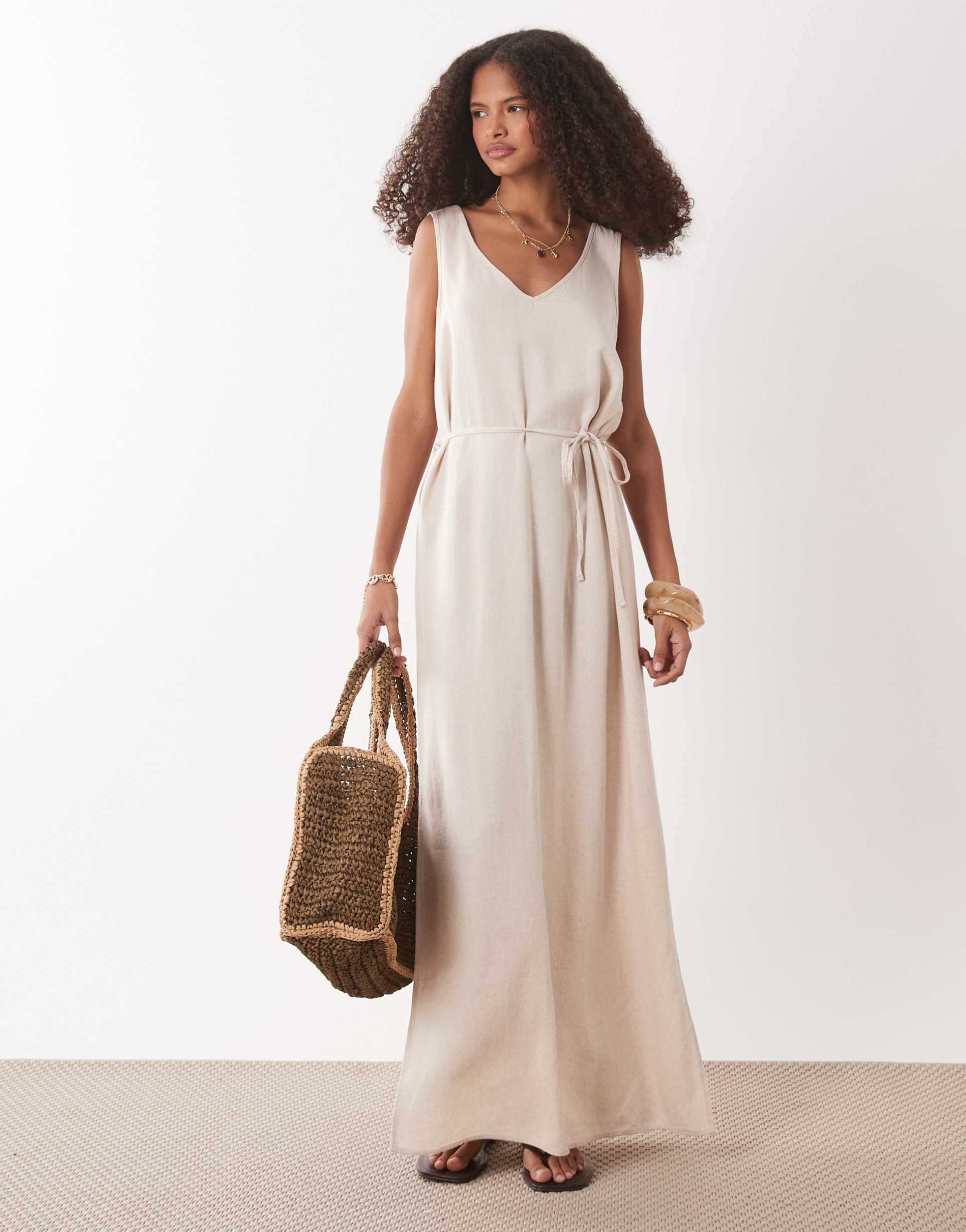 jdy tie waist linen blend maxi dress in oatmeal