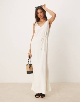 JDY tie waist linen blend maxi dress in white