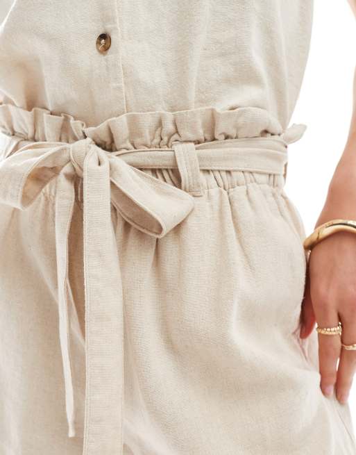 JDY tie waist linen shorts co-ord in stone, 3 of 5