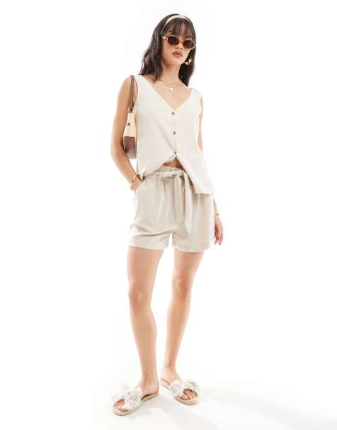 JDY tie waist linen shorts in stone (part of a set) - view 1