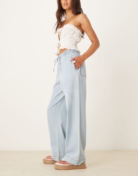 JDY tie waist loose fit jeans in light blue wash - view 1