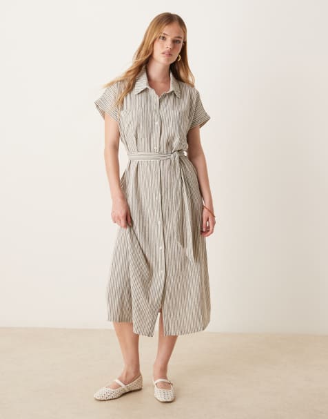JDY tie waist midi shirt dress in black & white pinstripe - view 1