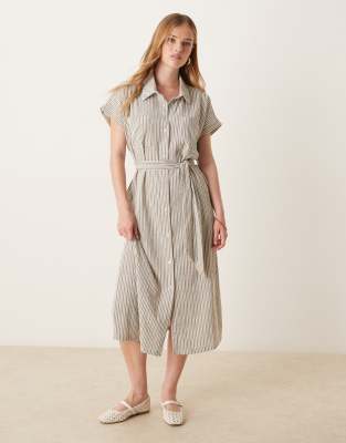 jdy tie waist midi shirt dress in black & white pinstripe
