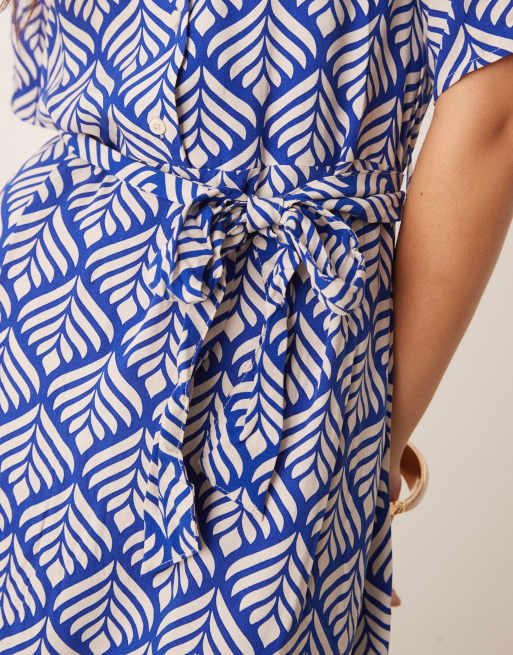 JDY tie waist midi shirt dress in blue print, 2 of 4
