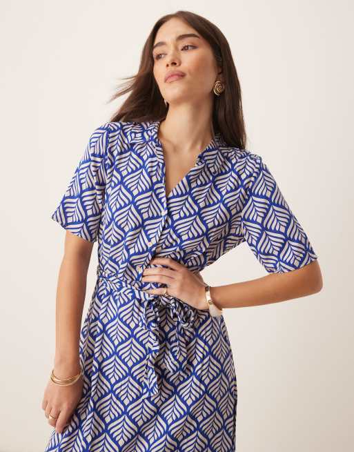 JDY tie waist midi shirt dress in blue print ASOS