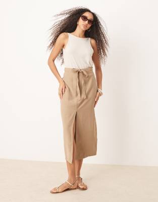 tie waist midi skirt in beige-Neutral