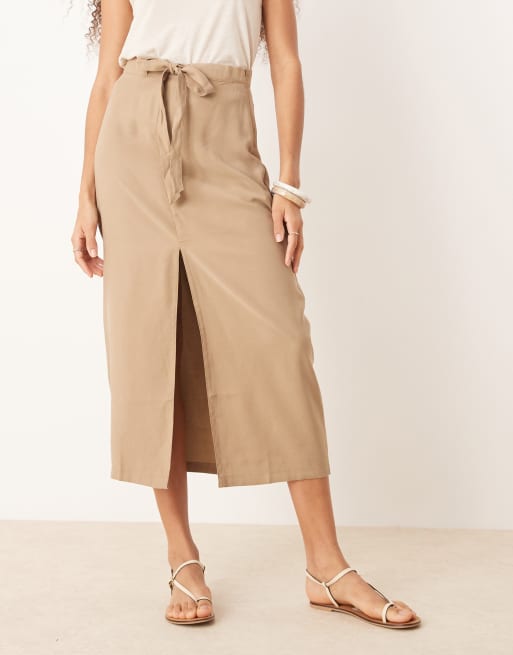 JDY tie waist midi skirt in beige